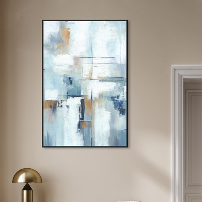Large Blue and White Abstract Canvas Art with Black Frame