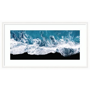 Kate and Laurel Framed Art Minimalist Ocean Waves on the Black Beach in Iceland Panel by Michael Schauer, 43x24, Oliver White Narrow - 1 of 4