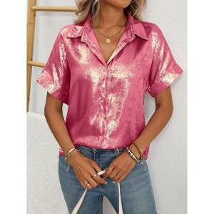 Women's Metallic Styke Button Party Shirt Short Sleeve Loose Casual Top - 1 of 4