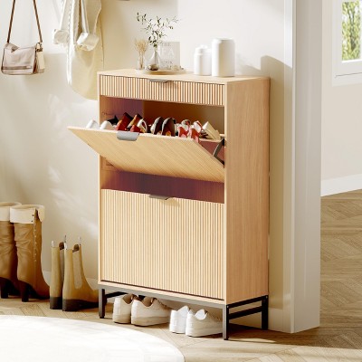 Modern Fluted Shoe Storage Cabinet with 2 Flip Drawers & Pull-Out Drawer & Hook, Wooden Slim Shoe Organizer with Metal Legs