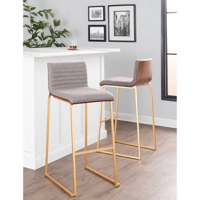 Set of 2 Gray Fabric and Gold Metal Barstools