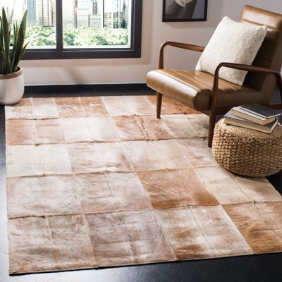 Hand-Knotted Geometric Cowhide Rug Beige/Brown 3' x 5'