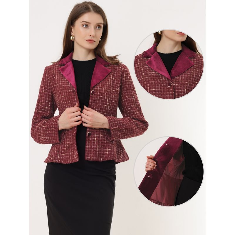 Allegra K Women's Vintage Tweed Plaid Notched Collar Work Office Blazers with Belt, 2 of 6