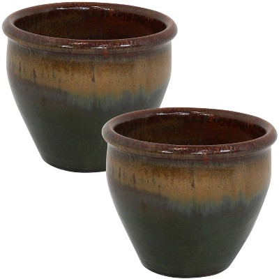 Sunnydaze Chalet Outdoor/Indoor High-Fired Glazed Frost-Resistant Ceramic Planters with Drainage Holes - 9" Diameter - Forest Lake Green - 2-Pack