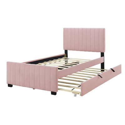 Bellemave Twin Bed Frame with Trundle Bed,Velvet Upholstered Bed Frame,Upholstered Platform Bed Twin for Kids Teens Adults Pink