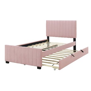 Bellemave Twin Bed Frame with Trundle Bed,Velvet Upholstered Bed Frame,Upholstered Platform Bed Twin for Kids Teens Adults Pink - 1 of 3