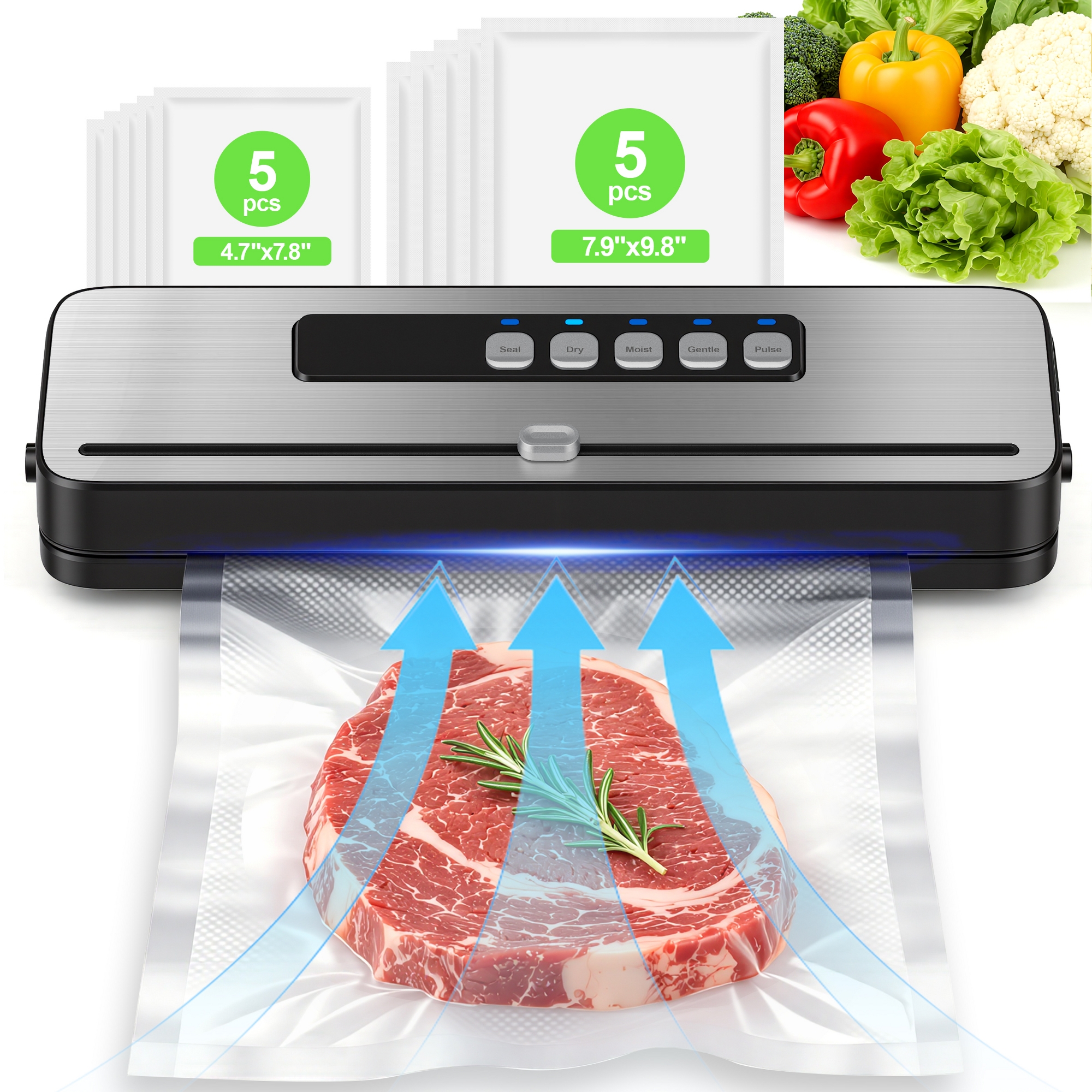 Vacuum Sealer Machine 6-in-1 with Built-In Cutter, Automatic Food Sealer for Sous Vide & Food Storage, Dry/Wet Modes, Jar Seal, Compact Design,...