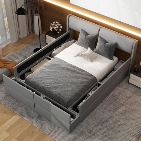 Queen Size Upholstered Storage Platform Bed With Storage Space And ...