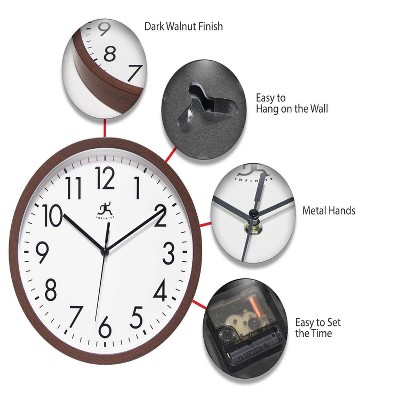 12" Walnut Brown Plastic Wall Clock with Glass Lens