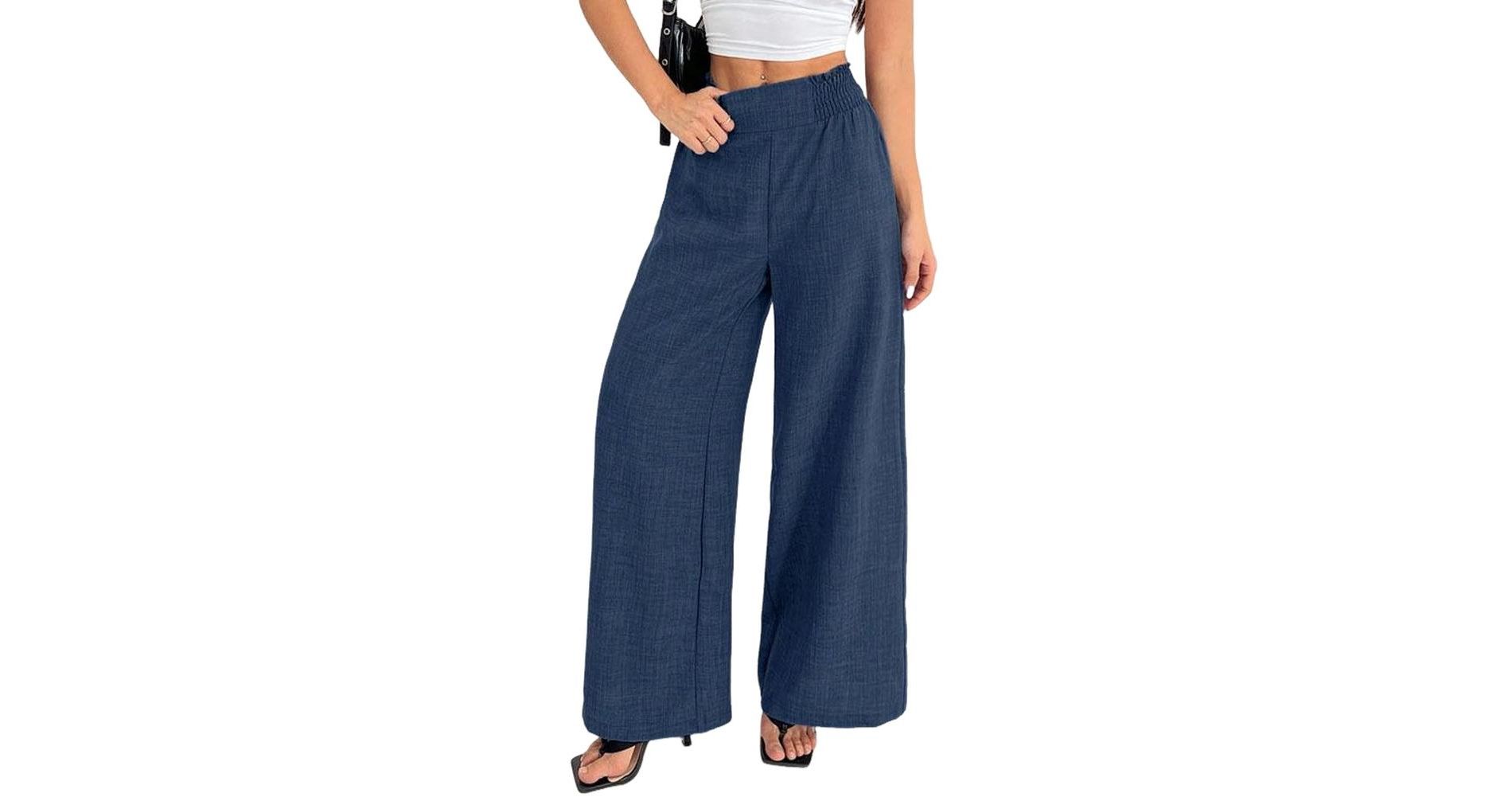 High-Waist Wide-Leg Trousers for Women - Elastic Waist Office Pants with Pockets