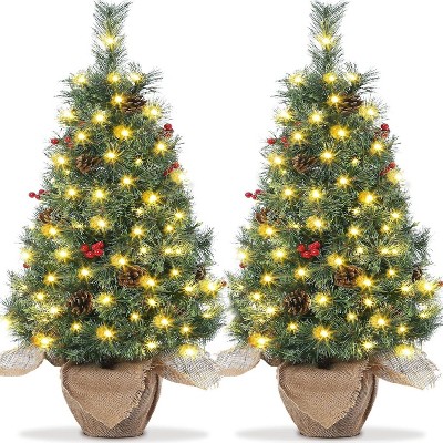 TackView Pre-Lit Christmas Tree, Mini Christmas Tree with 78 Led Lights Cloth Bag Base & Pine Cones & Red Berries, Xmas Decorations