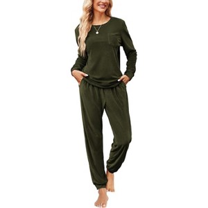Ekouaer Womens Pajamas Sets Long Sleeve Soft Sleepwear 2 Piece Velvet Pjs Lounge Sets with Pockets Army Green S - 1 of 3