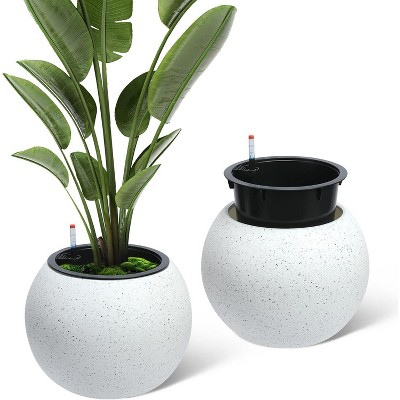 10.2" H x 13.5" Dia (10" Opening) Round Self-Watering Indoor Plant Pots with Drainage & Water Level Monitor, White Dot Design