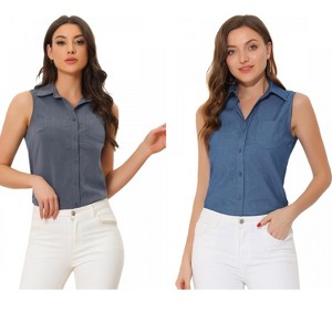 INSPIRE CHIC Women's Sleeveless Lapel V Neck Button Down Chambray Shirt 2 Packs - 1 of 4