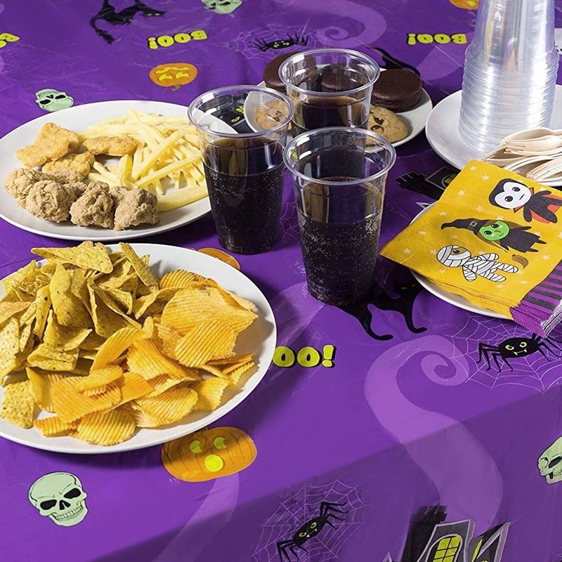 Juvale 3 Pack Halloween Tablecloth for Party Decoration, Washable Plastic Table Cover for Decor , Purple, 54 x 108 In, 3 of 7