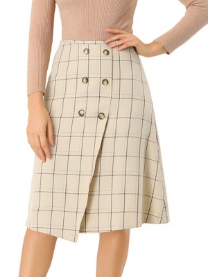 Allegra K Women's Plaid Vintage Faux Wrap Buttons Midi High Waist Skirt