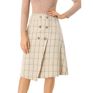Allegra K Women's Plaid Vintage Faux Wrap Buttons Midi High Waist Skirt - 1 of 4
