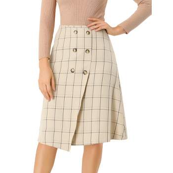 Allegra K Women's Plaid Vintage Faux Wrap Buttons Midi High Waist Skirt