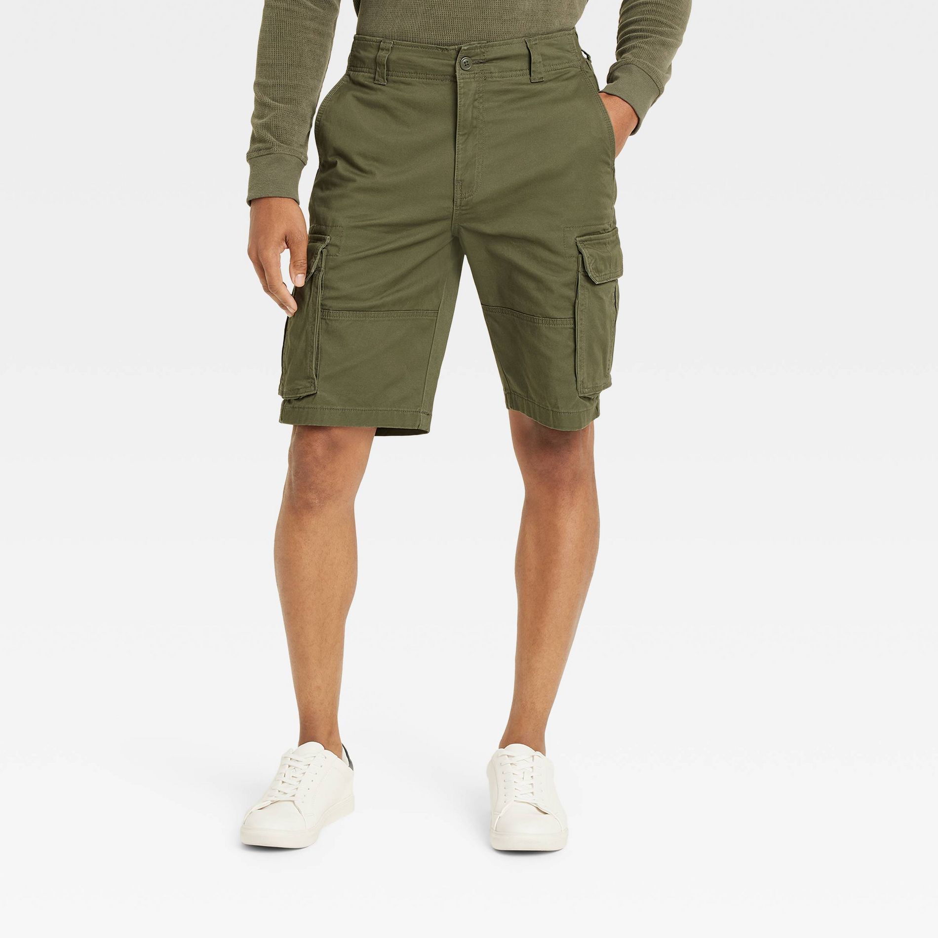 Men's 11" Cargo Shorts - Goodfellow & Co™ Olive Green 34: Midweight Cotton-Spandex, Below Knee