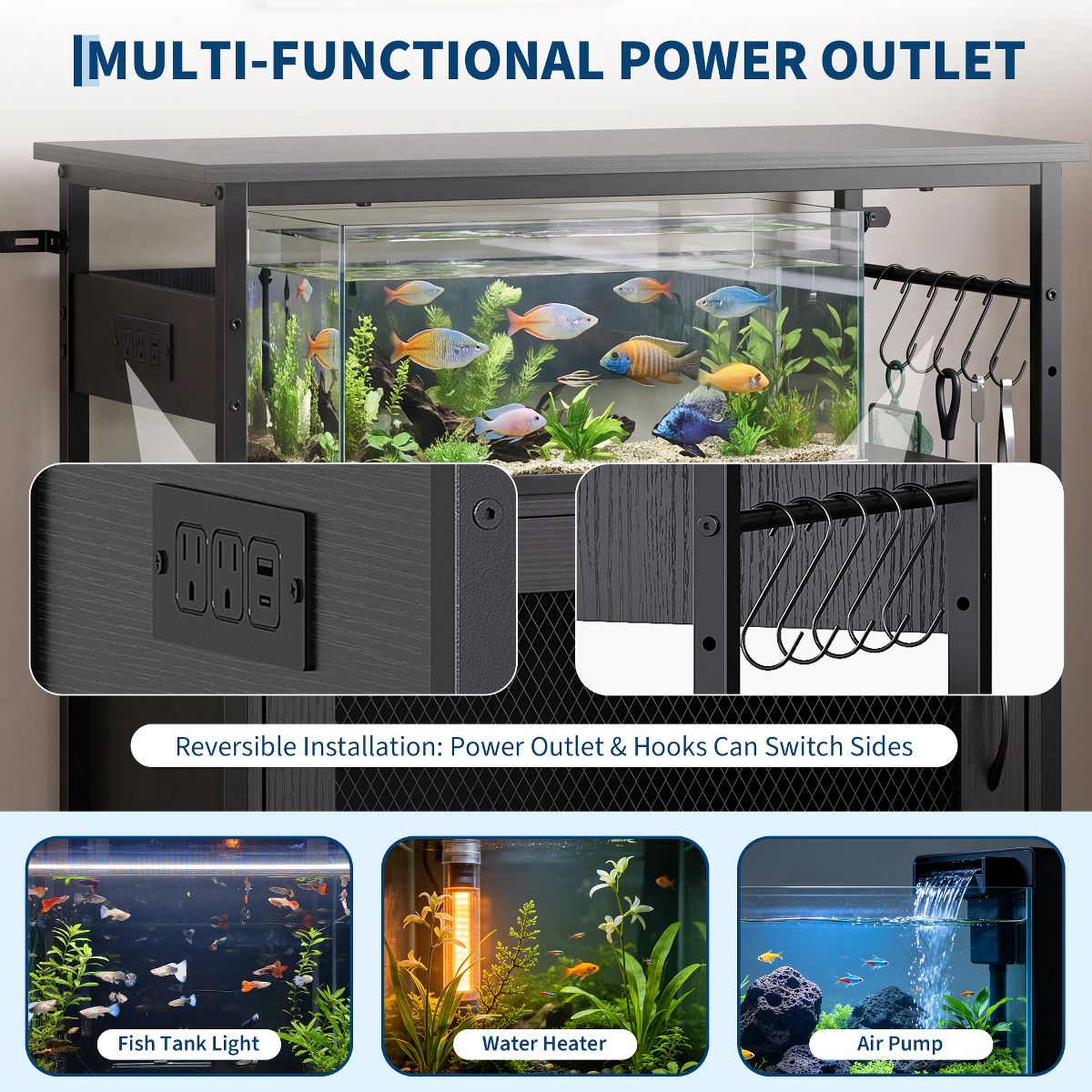 Aquarium Stand with Power Outlet, Aquarium Stand with Storage Cabinet Hooks, 380 Lbs Capacity Reptile Terrarium Stand for Home Office Living Room - thumbnail 6