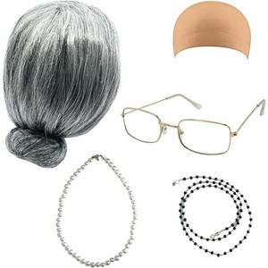 4E's Novelty Old Lady Costume for Kids - 5 Pc Set: Gray Wig, Glasses with Chain, Wig Cap, Necklace - 100th Day of School - 1 of 4