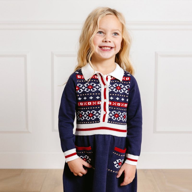 Hope & Henry Girls' Long Sleeve Nordic Fair Isle Sweater Dress, Kids, 4 of 8
