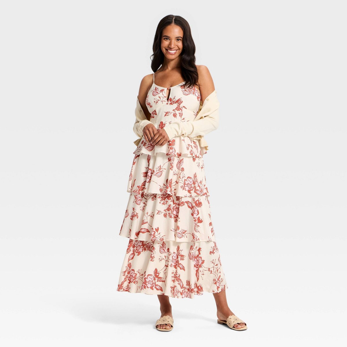 Женские платья A New Day Women's V-Neck Tiered Ruffle Maxi Dress - A New Day™ Cream/Brown Floral M — фото 3