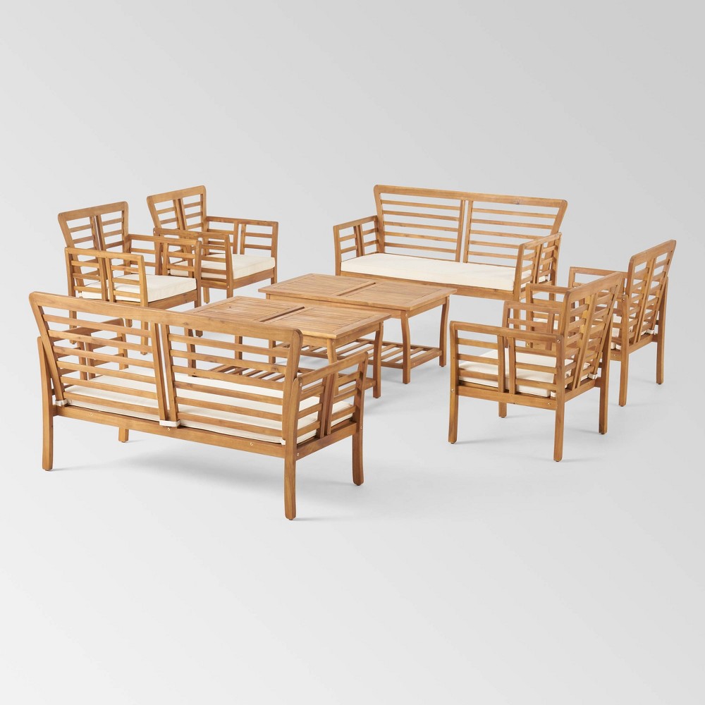 Photos - Garden Furniture Caydon 8pc Acacia Wood Chat Set - Brown Patina/Cream - Christopher Knight