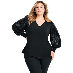 Avenue Women's Plus Size Glam Sequin Sleeve Top - 22/24, Black - 1 of 4