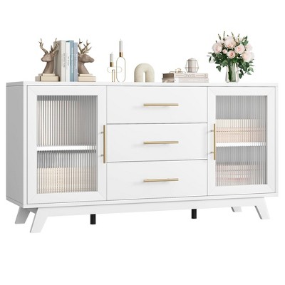 Homhougo Coffer Bar Cabinet with 2 Fluted Glass Doors, 56" Modern Sideboard Buffet Cabinet with 3 Drawers White
