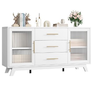 Homhougo Coffer Bar Cabinet with 2 Fluted Glass Doors, 56" Modern Sideboard Buffet Cabinet with 3 Drawers White - 1 of 4