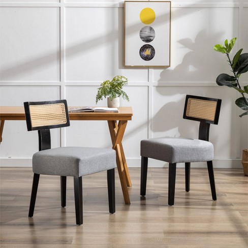 Rattan Dining Chairs Set Of 2 With Rattan Back,gray Upholstered Linen ...