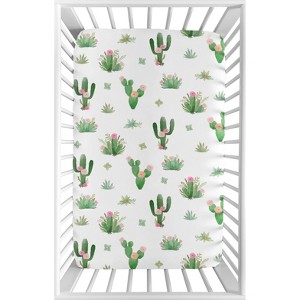 Sweet Jojo Designs Girl Baby Fitted Mini Crib Sheet Cactus Floral Pink Green and White - 1 of 4