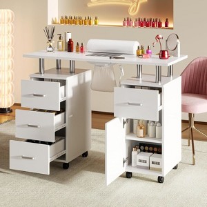 Acekool Manicure Table Nail Desk with Electric Dust Collector, 4 Drawers & Cabinet Storage, Lockable Wheels, Ergonomic White Nail Station - 1 of 4