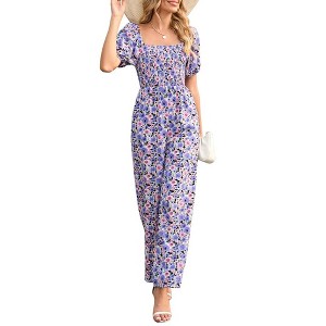 Whizmax Women's Summer Smocked Jumpsuits Casual Square Neck Short Sleeve High Waist Wide Leg Rompers with Pockets - 1 of 4