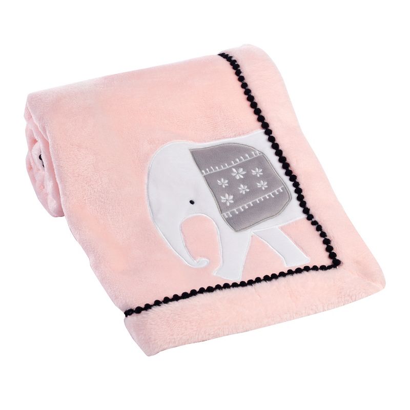 Lambs & Ivy Happy Jungle Pink Elephant Fleece Baby Blanket w/ Pom Pom Trim, 3 of 7