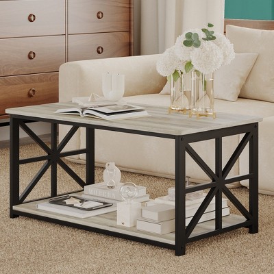 2 Tier Coffee Table, 39.4'' Wood Coffee Table with Storage Shelf, Rectangle Side End Table, Accent Center Table for Living Room Home Office
