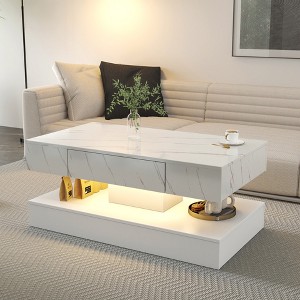 KWPZQEB LED Coffee Table, Modern Coffee Table with Drawer & LED, Stylish Double-Layer Center Tables with Marbling Print for Living Room, Office - 1 of 4