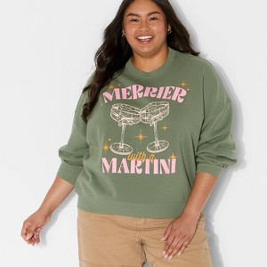 Women's Merry Martini Graphic Sweatshirt - Light Green - 1 of 3