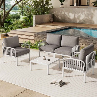 5 PCS Patio Conversation Set with Square Glass Table, Modular Deep Seating for Balcony, Plastic Frame Chair with Polyester Cushion-Coolbibila