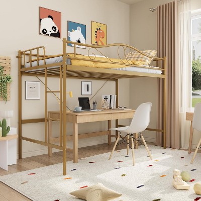 Loft Bed Twin Size with Ladder & Safety Guardrail, Noise Free Heavy Duty Metal Twin Loft Bed, 400 Lbs Weight Capacity, Space Saving