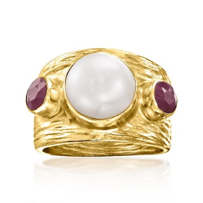 Ross-Simons 9.5-10.5mm Cultured Pearl and 1.70 ct. t.w. Ruby Ring in 18kt Gold Over Sterling