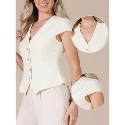Женские куртки INSPIRE CHIC Women's Summer Button Down V Neck Cap Sleeve Business Casual Dressy Jackets X-Small Beige — фото 2