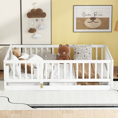 CAVINAS Full Size Wood Montessori Bed with Fence and Door,Modern Floor Bed with Slats,Toddler Bed for Bedroom