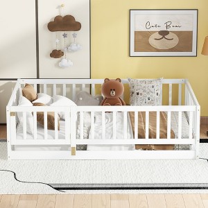 CAVINAS Full Size Wood Montessori Bed with Fence and Door,Modern Floor Bed with Slats,Toddler Bed for Bedroom - 1 of 4