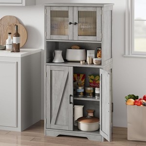54in Tall Bathroom Cabinet, Farmhouse Storage Cabinet with Glass Doors and Adjustable Shelves, Cupboard for Living Room, Dining Room, Gray - 1 of 4