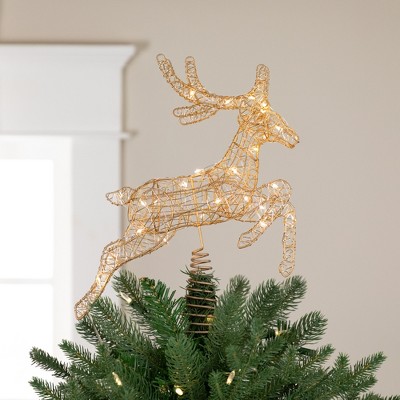 Gold Metal LED Lighted Reindeer Christmas Tree Topper, 13"