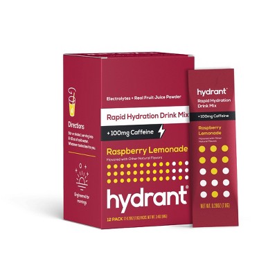 Hydrant Energy Electrolyte Rapid Hydration Powder Packets Drink Mix with Caffeine - Raspberry Lemonade - 12ct