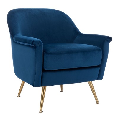 Luxurious Navy Velvet Wood Accent Arm Chair with Brass Legs