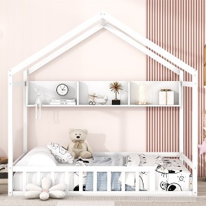 House Floor Bed, Wooden Playhouse Bed Frame With Fence And Roof, Storage Shelves, No Box Spring Required - 1 of 4